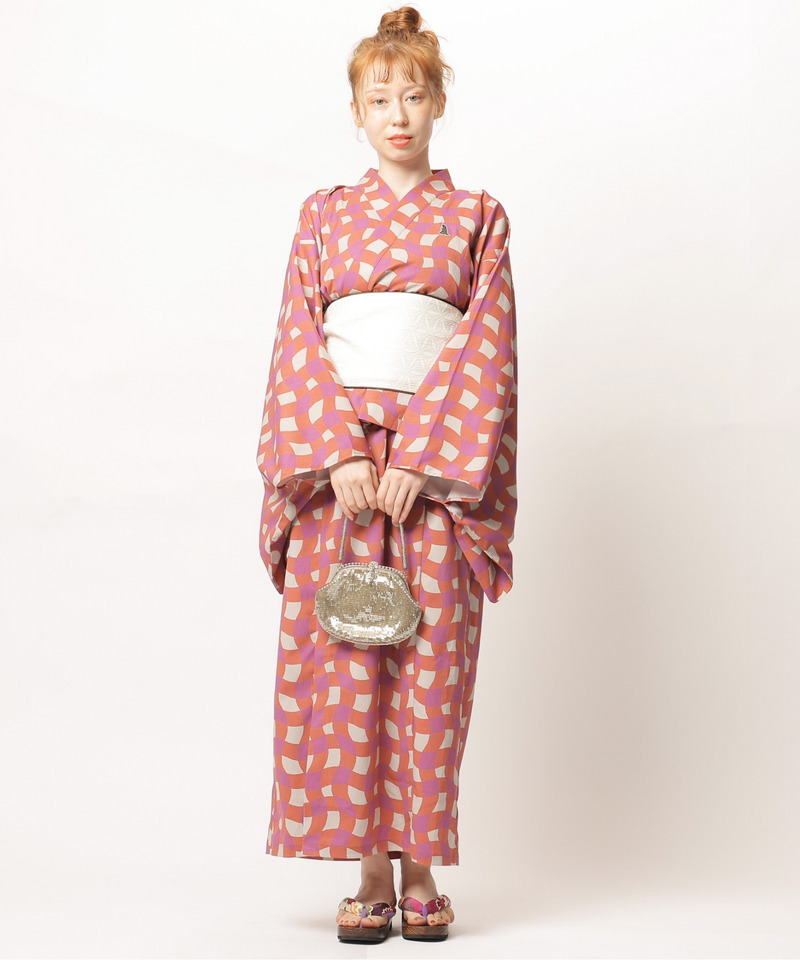 レトロチェック浴衣ワンピース 詳細画像 オレンジ系 13