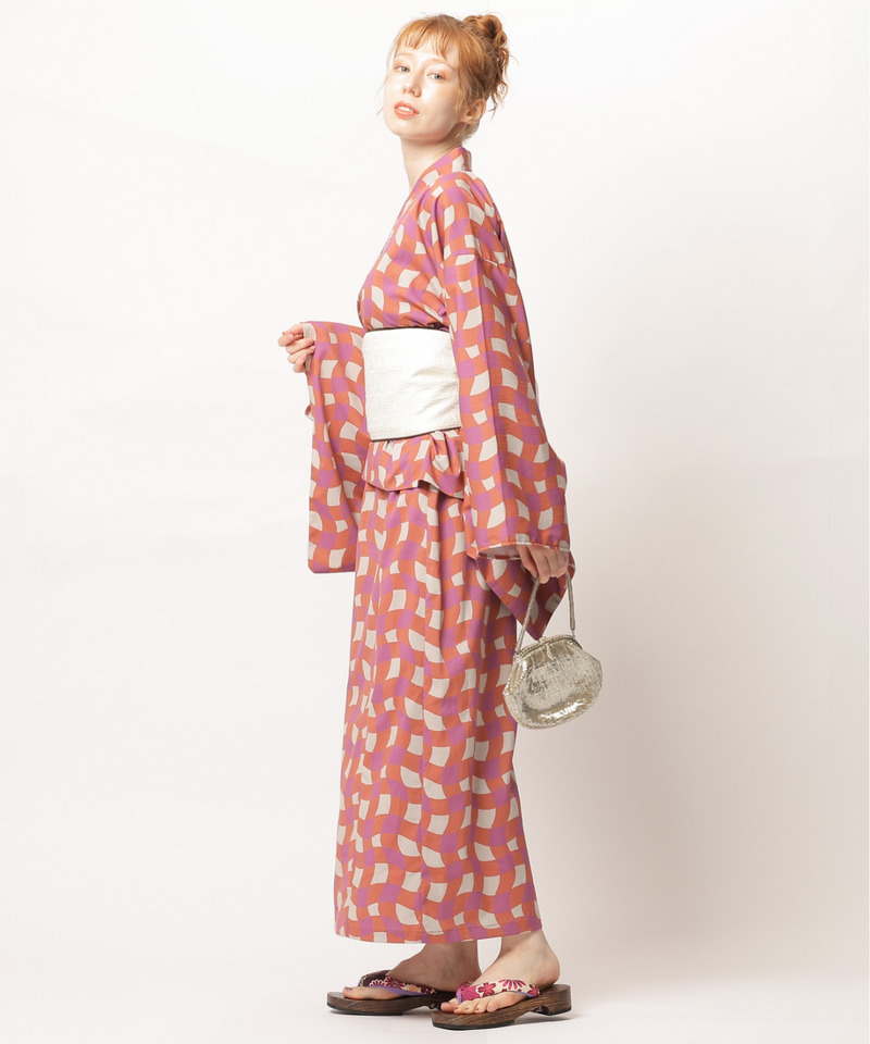 レトロチェック浴衣ワンピース 詳細画像 オレンジ系 14