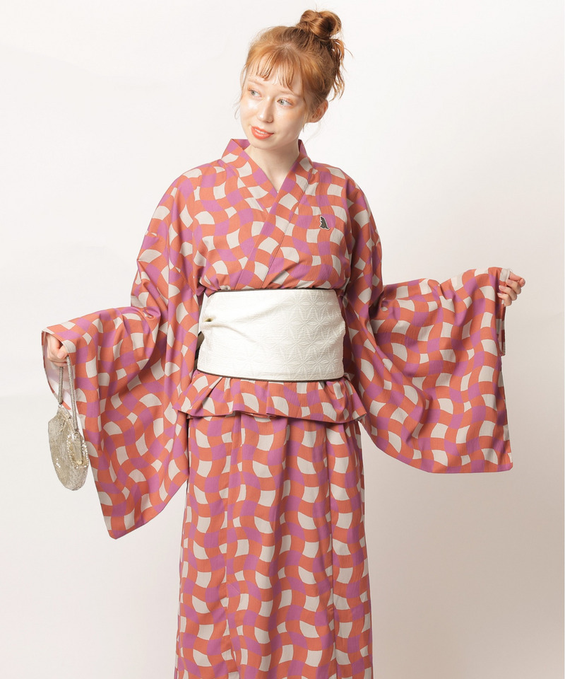 レトロチェック浴衣ワンピース 詳細画像 オレンジ系 7