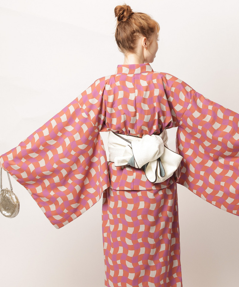 レトロチェック浴衣ワンピース 詳細画像 オレンジ系 8