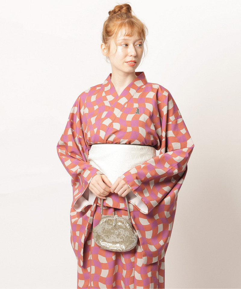 レトロチェック浴衣ワンピース 詳細画像 オレンジ系 9