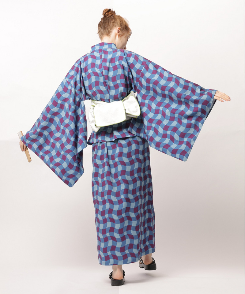 レトロチェック浴衣ワンピース 詳細画像 ブルー系 2