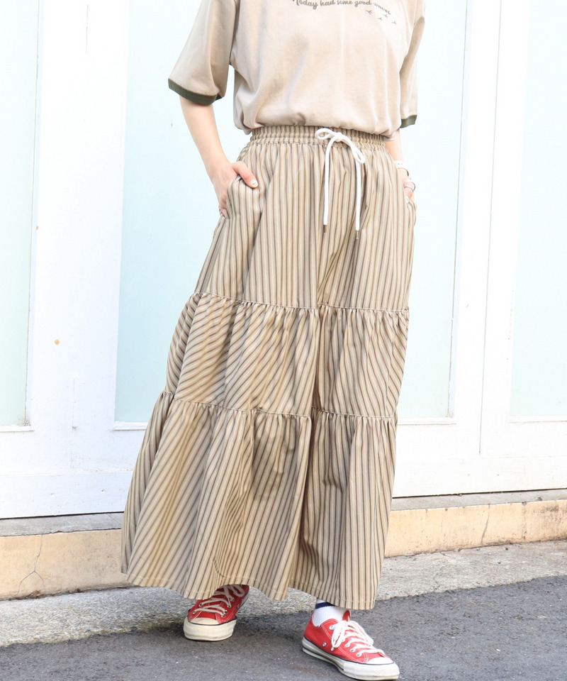 ストライプティアードスカート 詳細画像 カーキ 13