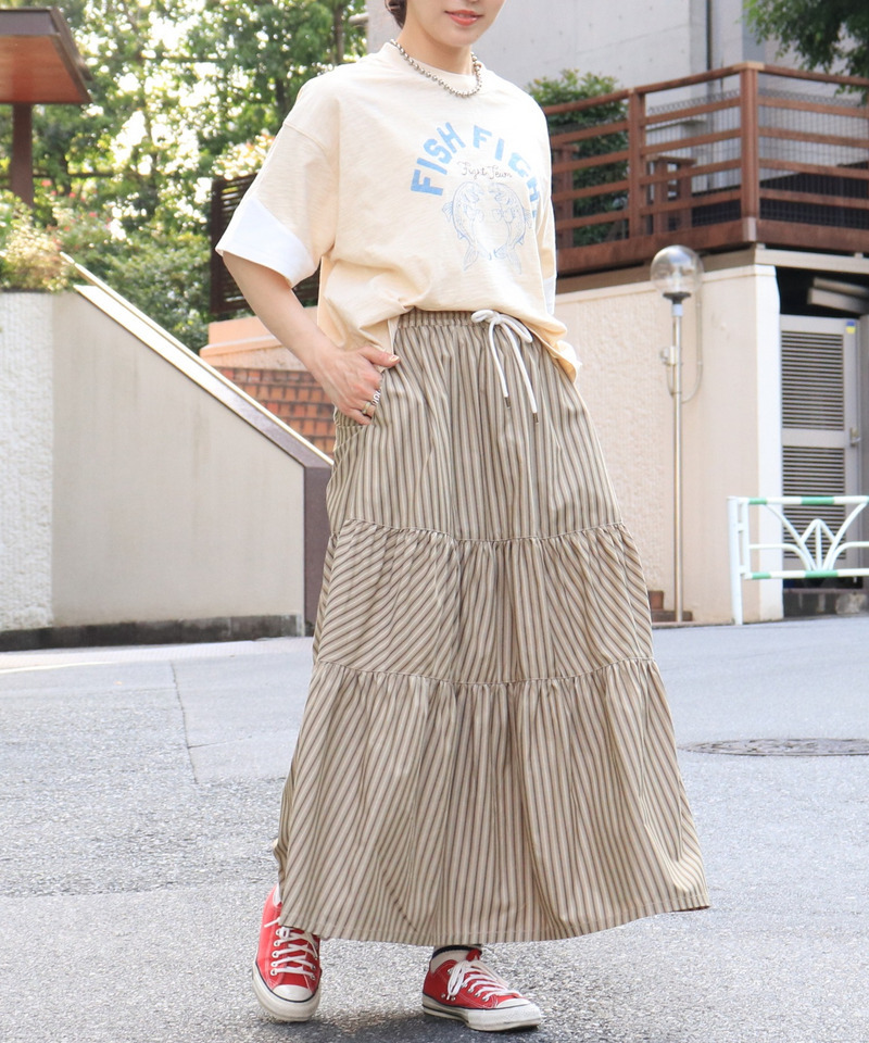 ストライプティアードスカート 詳細画像 カーキ 2