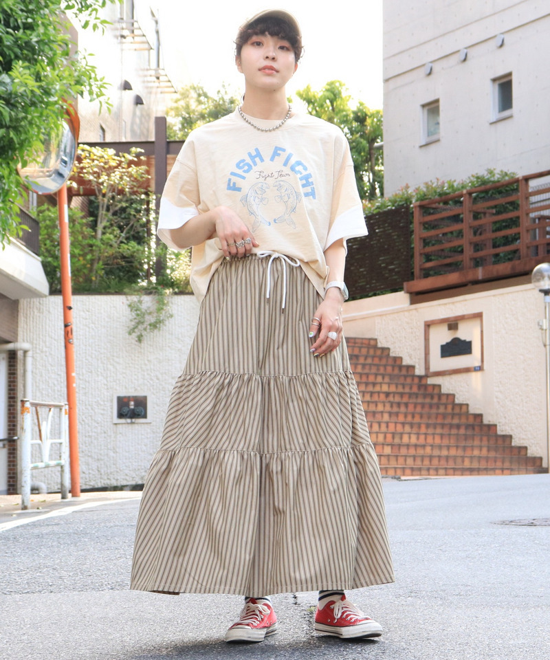 ストライプティアードスカート 詳細画像 カーキ 4