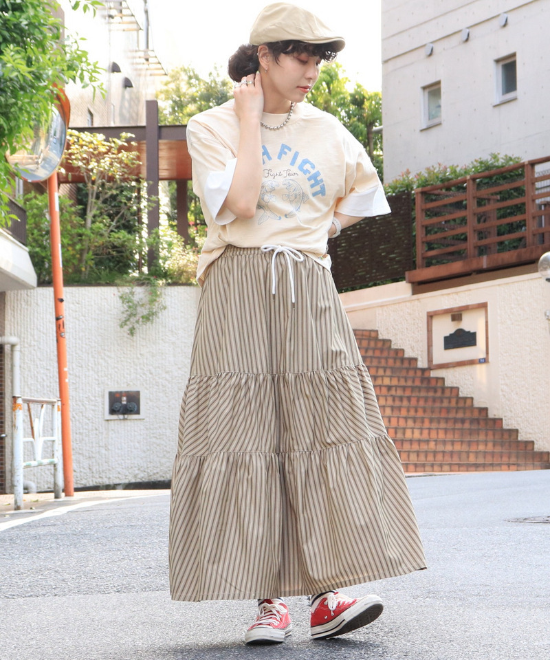 ストライプティアードスカート 詳細画像 カーキ 6