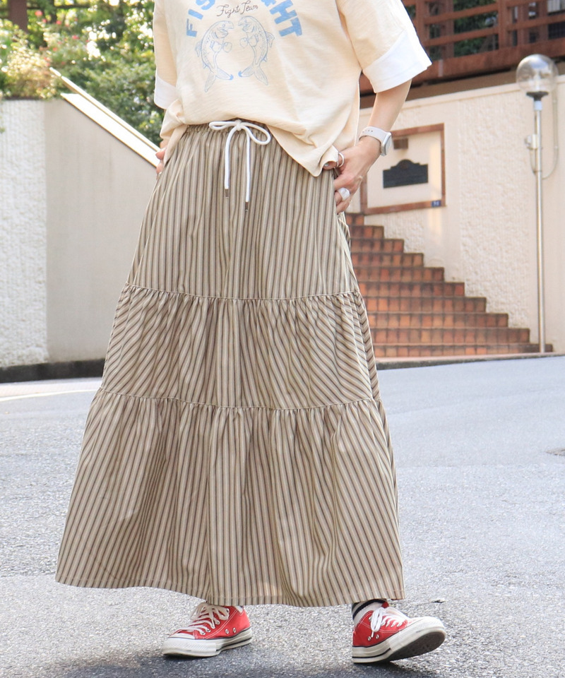 ストライプティアードスカート 詳細画像 カーキ 7