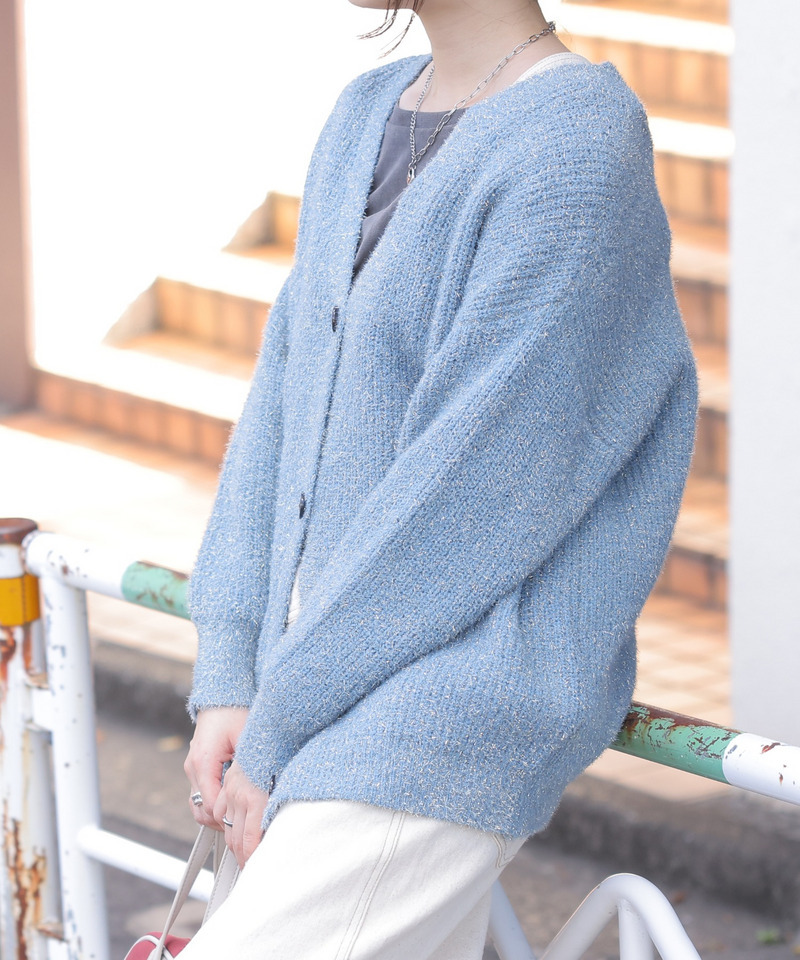 Vネックラメニットカーディガン 詳細画像 ブルー 1