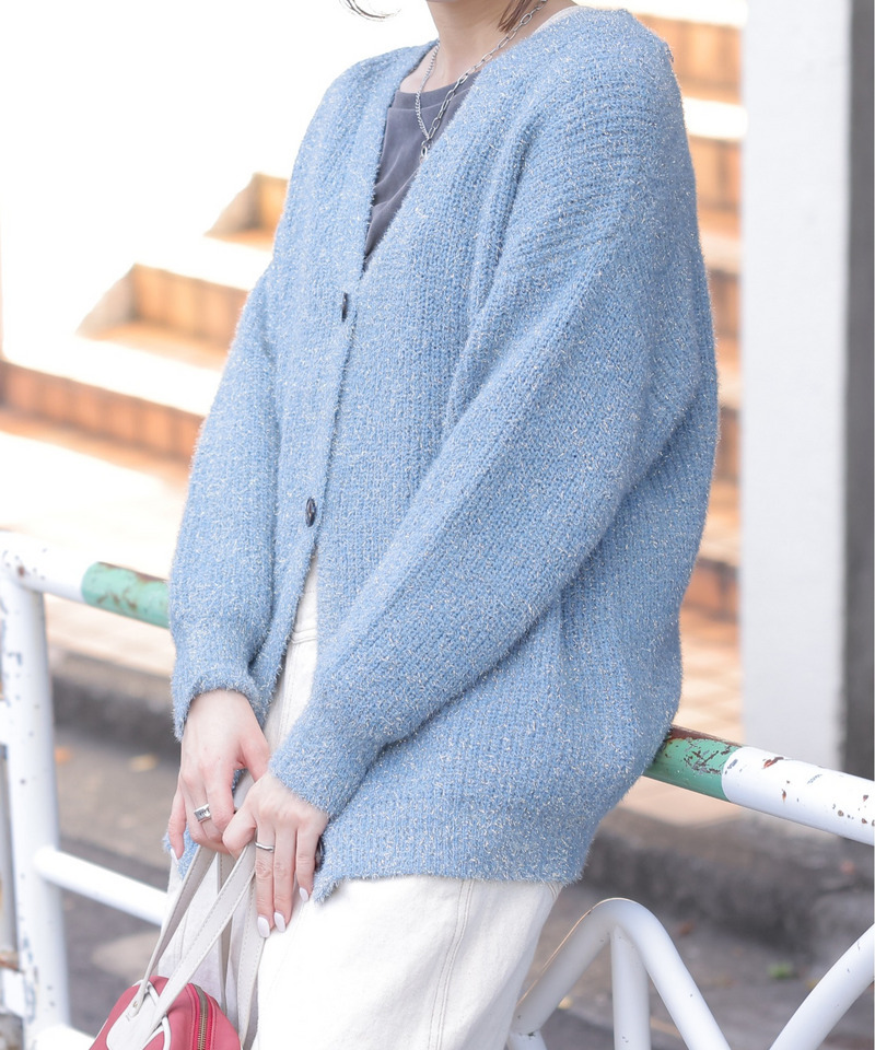 Vネックラメニットカーディガン 詳細画像 ブルー 2
