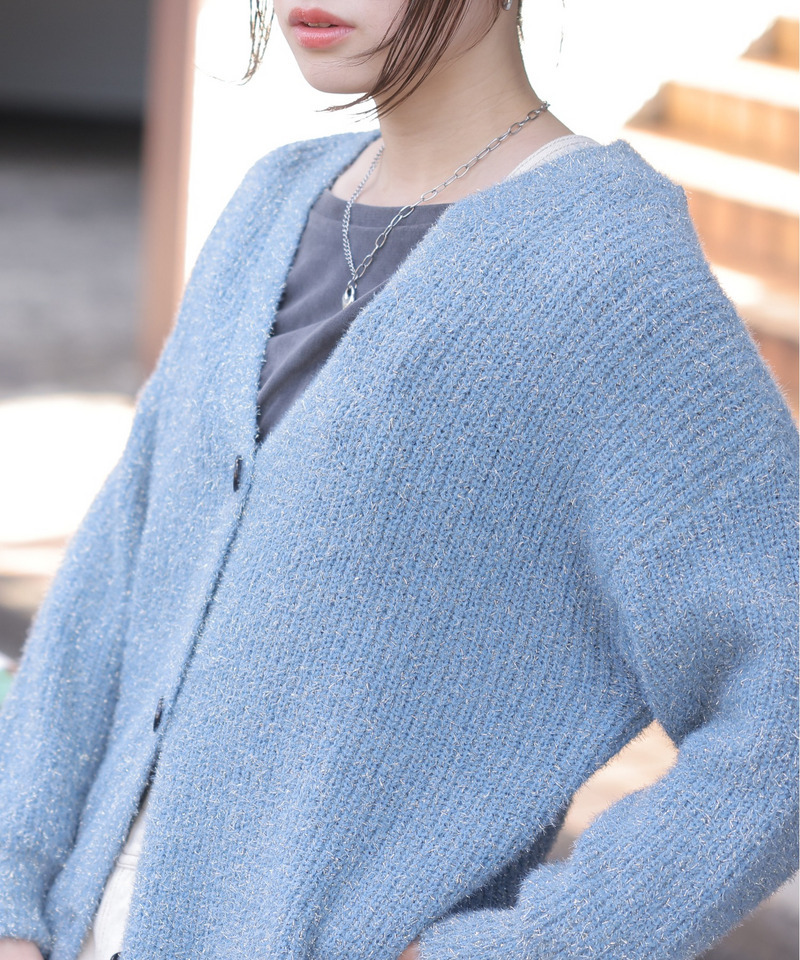 Vネックラメニットカーディガン 詳細画像 ブルー 3