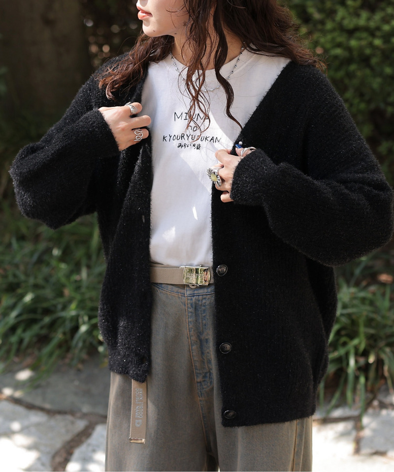 Vネックラメニットカーディガン 詳細画像 ブラック 1