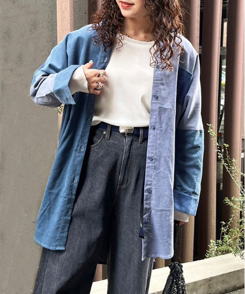 コーデュロイBACK刺しゅうシャツワンピース 詳細画像 ブルー系 1