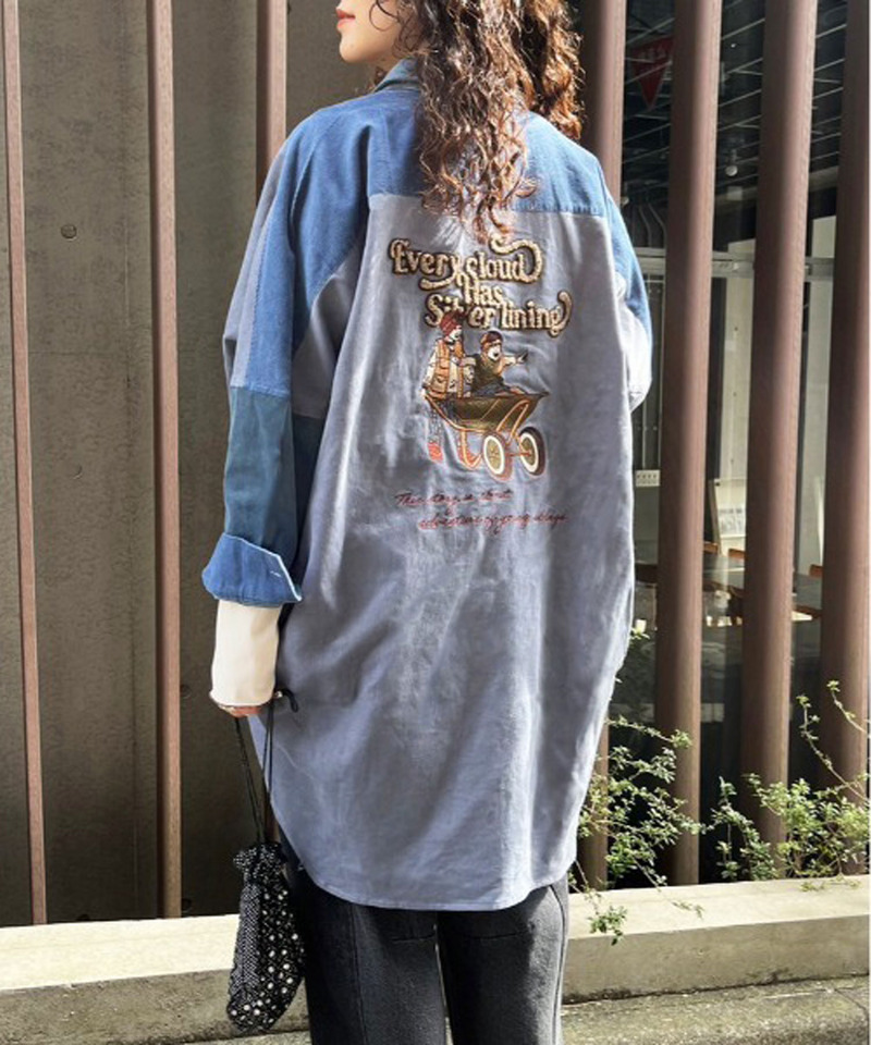 コーデュロイBACK刺しゅうシャツワンピース 詳細画像 ブルー系 2