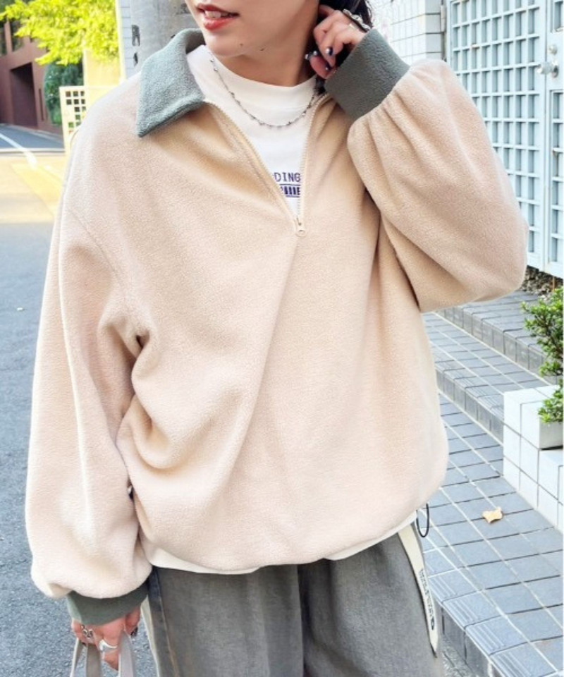 ワンポイント刺しゅうフリースハーフZIPプルオーバー 詳細画像 ベージュ 1