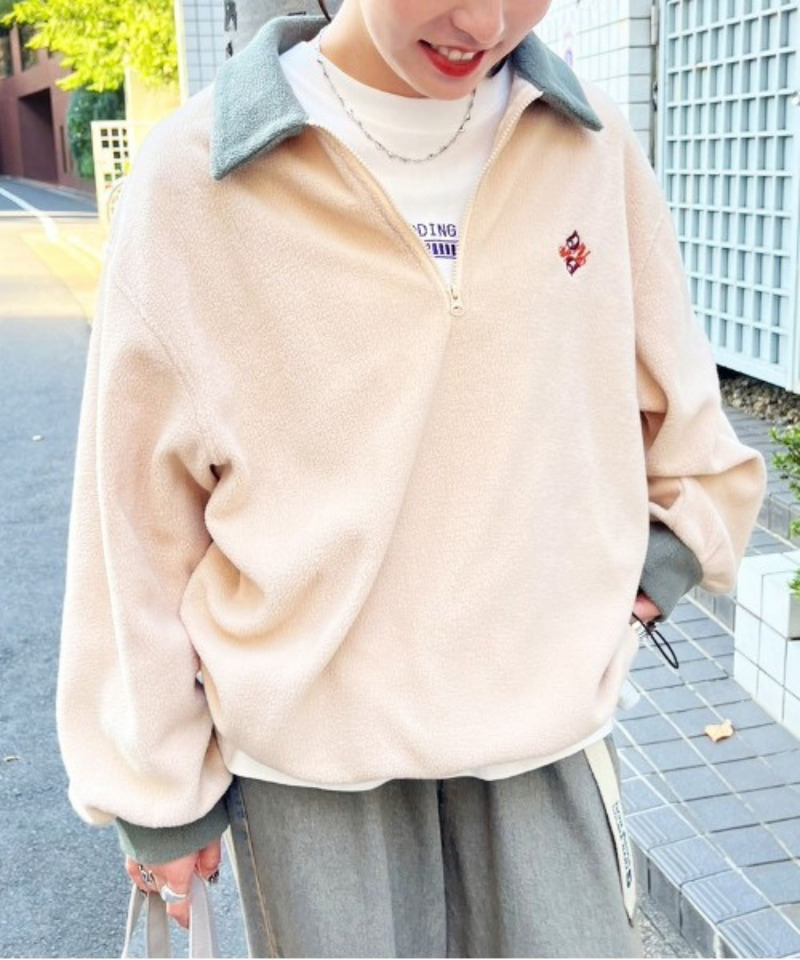 ワンポイント刺しゅうフリースハーフZIPプルオーバー 詳細画像 ベージュ 3