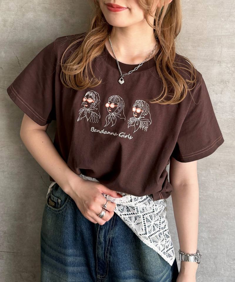 BANDANA GIRL 刺しゅうTEE 詳細画像 ブラウン 7