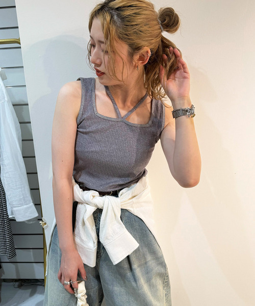 ラメテレコホルターネックタンクトップ 詳細画像