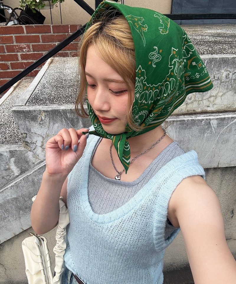 恐竜ペイズリー柄バンダナ 詳細画像 グリーン 3