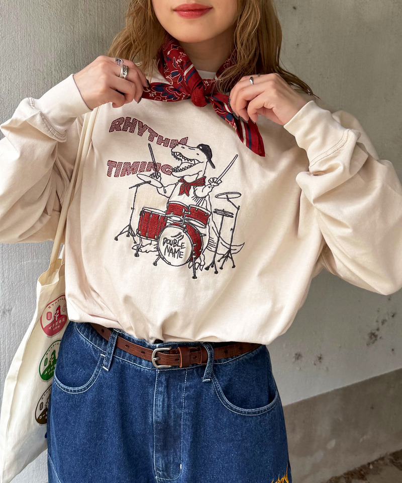 バンドを組みたい恐竜刺しゅうロンTEE 詳細画像 オフホワイト 8