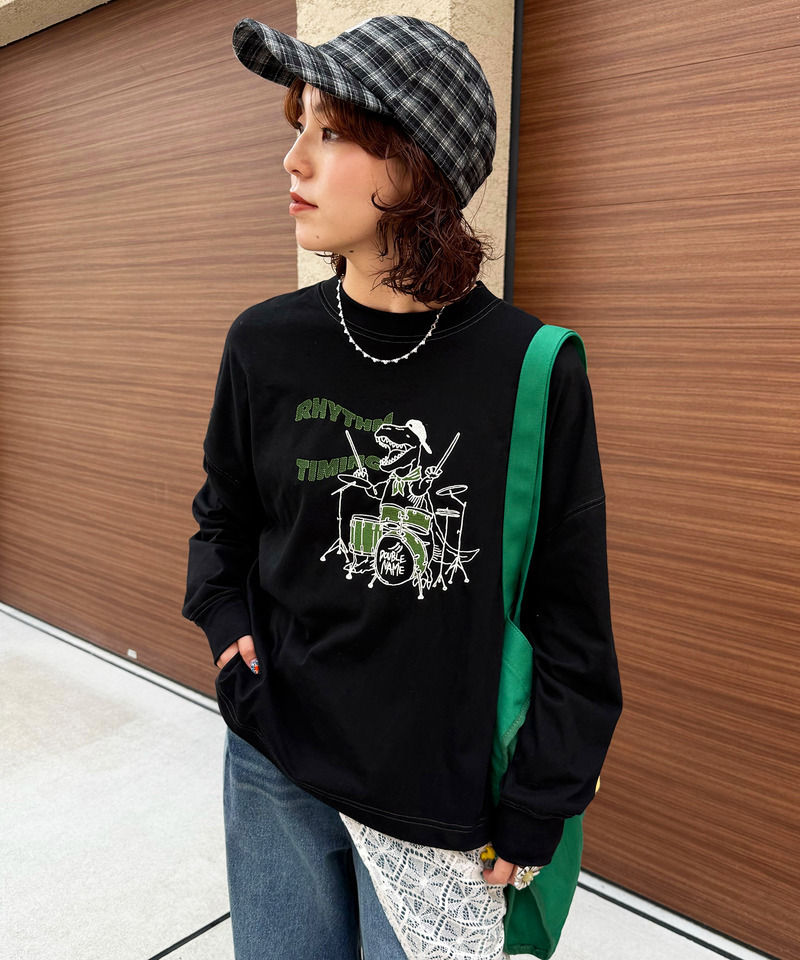 バンドを組みたい恐竜刺しゅうロンTEE 詳細画像 ブラック 3