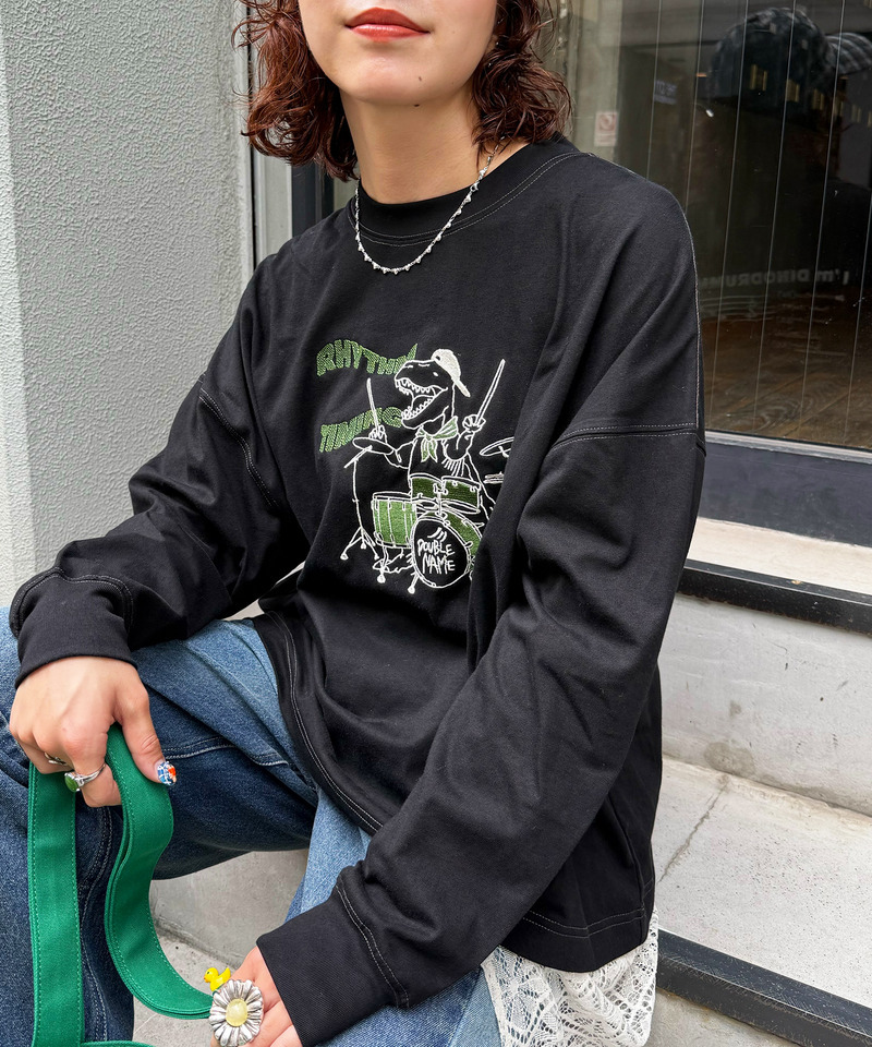 バンドを組みたい恐竜刺しゅうロンTEE 詳細画像 ブラック 5