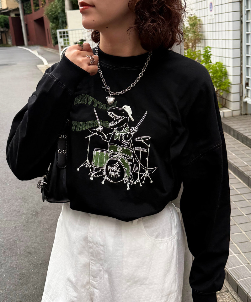 バンドを組みたい恐竜刺しゅうロンTEE 詳細画像 ブラック 8