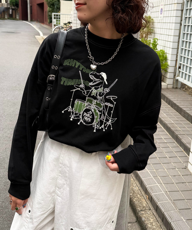 バンドを組みたい恐竜刺しゅうロンTEE 詳細画像 ブラック 9