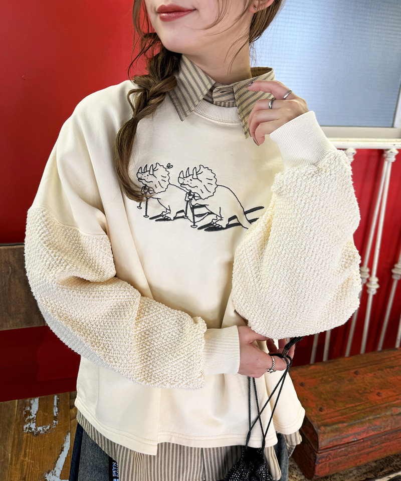 とにかく進む恐竜刺しゅうプルオーバー 詳細画像 オフホワイト 8