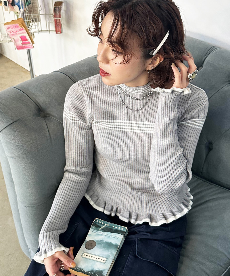 ラインハイネックフリルニット 詳細画像 グレー 3