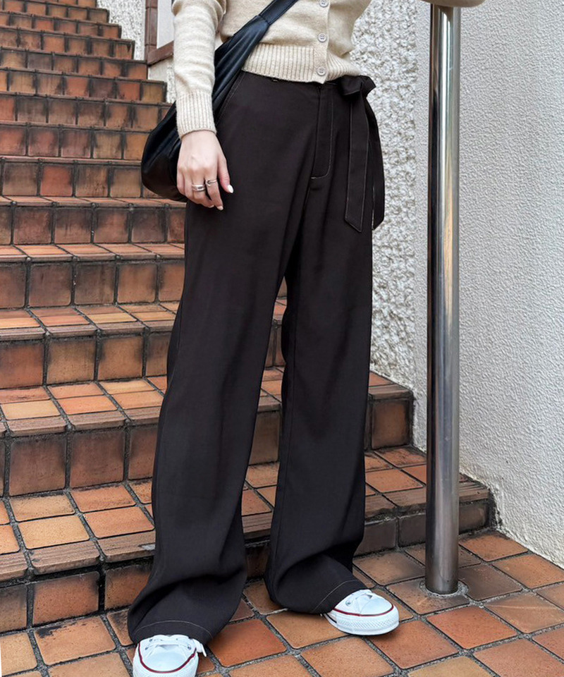 リボン付き配色ステッチフレアパンツ 詳細画像 ブラウン 1