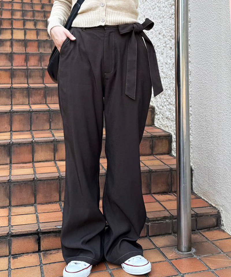 リボン付き配色ステッチフレアパンツ 詳細画像 ブラウン 2