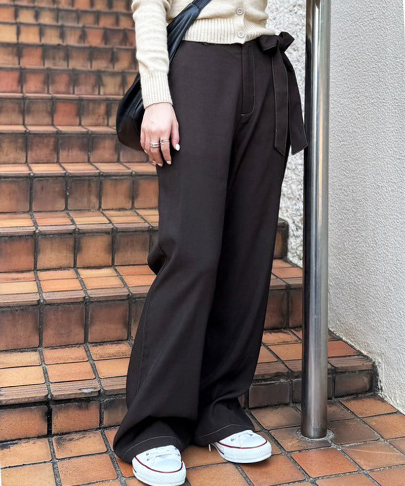 リボン付き配色ステッチフレアパンツ 詳細画像 ブラウン 3