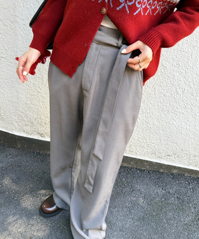 リボン付き配色ステッチフレアパンツ 詳細画像 グレー 11