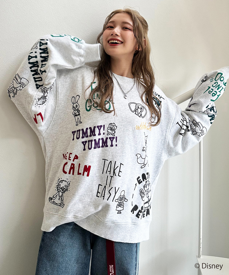 【Disney】ズートピアコラボ 総柄VINTAGE加工スウェット 詳細画像 GY 1