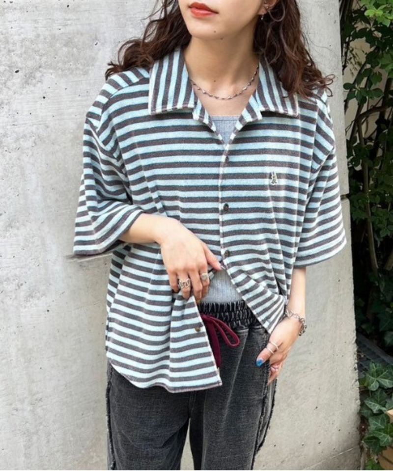 【m:rex】パイルボーダーUSED加工シャツ 詳細画像 ブラック 1