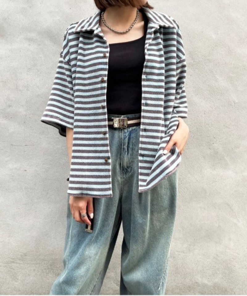 【m:rex】パイルボーダーUSED加工シャツ 詳細画像 ブラック 2