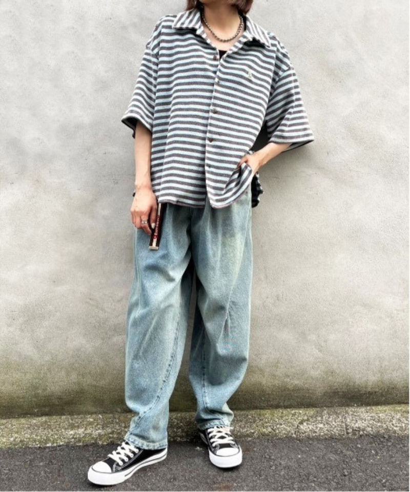 【m:rex】パイルボーダーUSED加工シャツ 詳細画像 ブラック 3