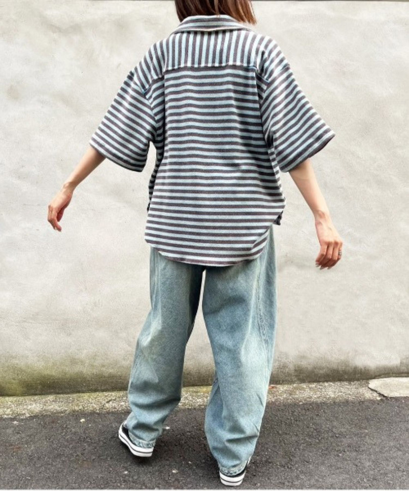 【m:rex】パイルボーダーUSED加工シャツ 詳細画像 ブラック 4