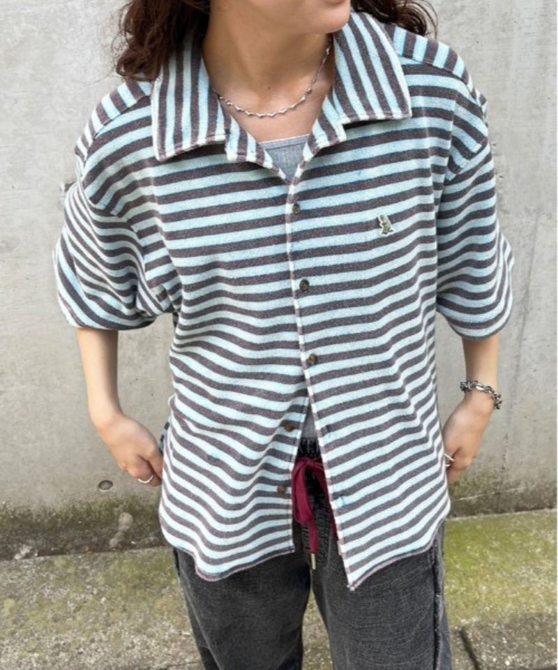 【m:rex】パイルボーダーUSED加工シャツ 詳細画像 ブラック 5