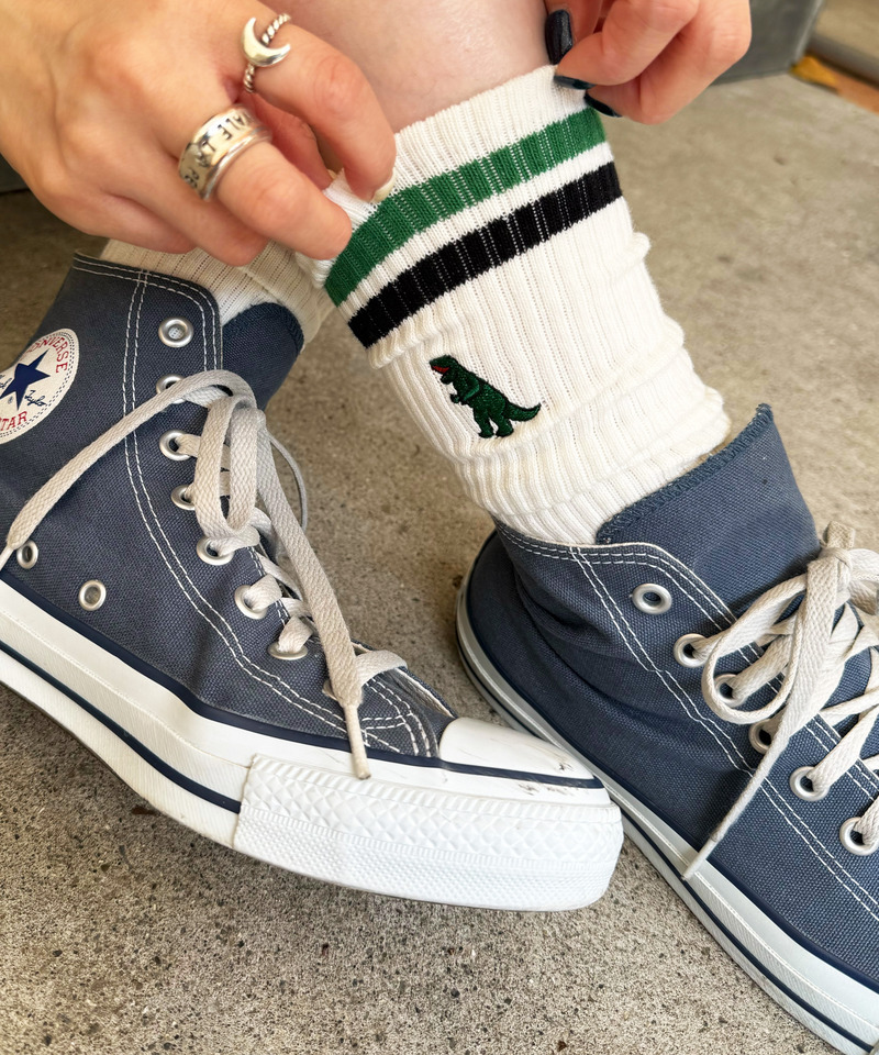 【m:rex】ミニ恐竜刺しゅうラインソックス 詳細画像 グリーン 2