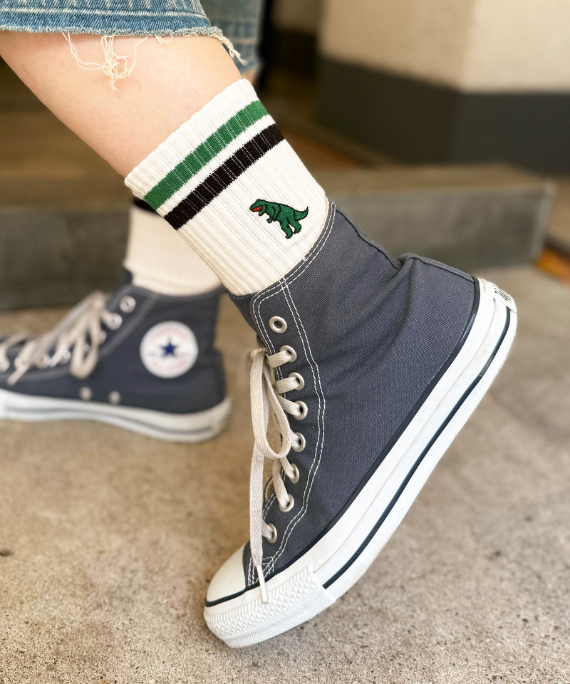 【m:rex】ミニ恐竜刺しゅうラインソックス 詳細画像 グリーン 3