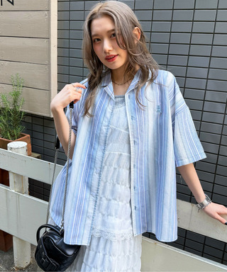 【m:rex】ミニ恐竜ワッペン開襟ストライプ5分袖シャツ