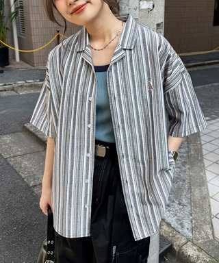 【m:rex】ミニ恐竜ワッペン開襟ストライプ5分袖シャツ