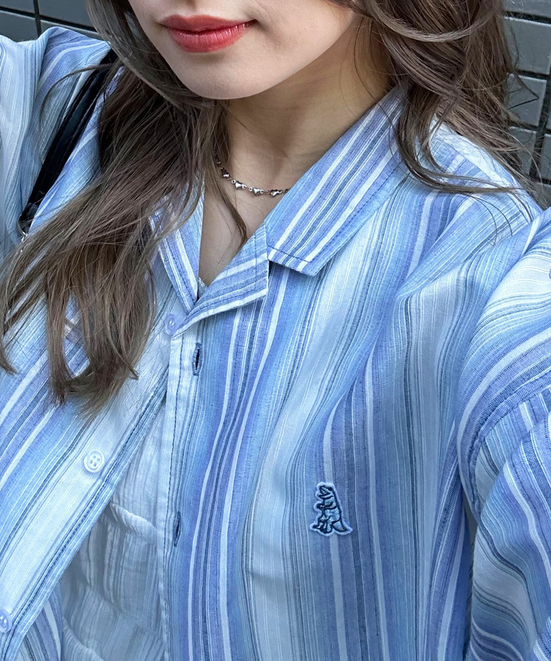 【m:rex】ミニ恐竜ワッペン開襟ストライプ5分袖シャツ 詳細画像 ブルー 3