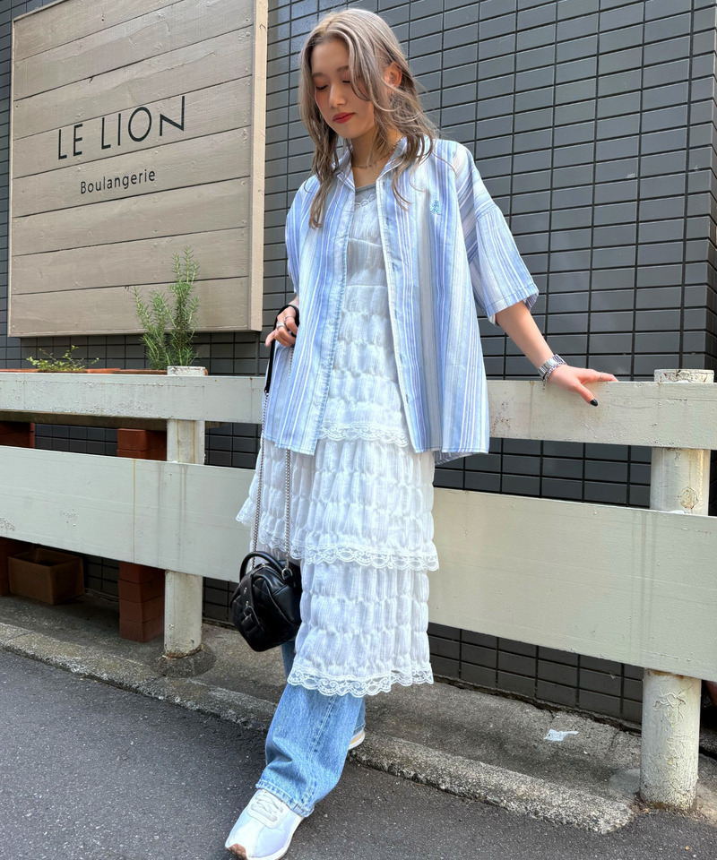 【m:rex】ミニ恐竜ワッペン開襟ストライプ5分袖シャツ 詳細画像 ブルー 4