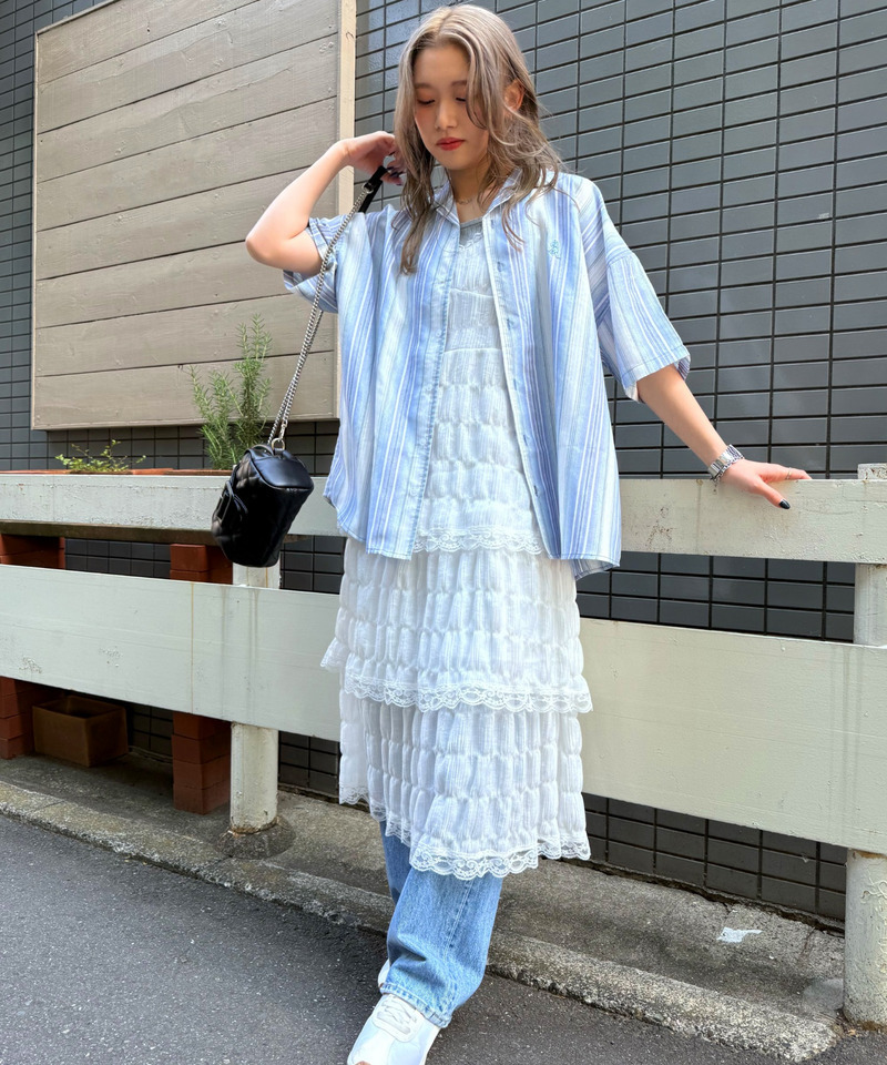 【m:rex】ミニ恐竜ワッペン開襟ストライプ5分袖シャツ 詳細画像 ブルー 5