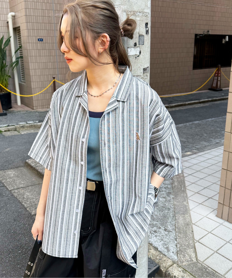 【m:rex】ミニ恐竜ワッペン開襟ストライプ5分袖シャツ 詳細画像 ブラック 2