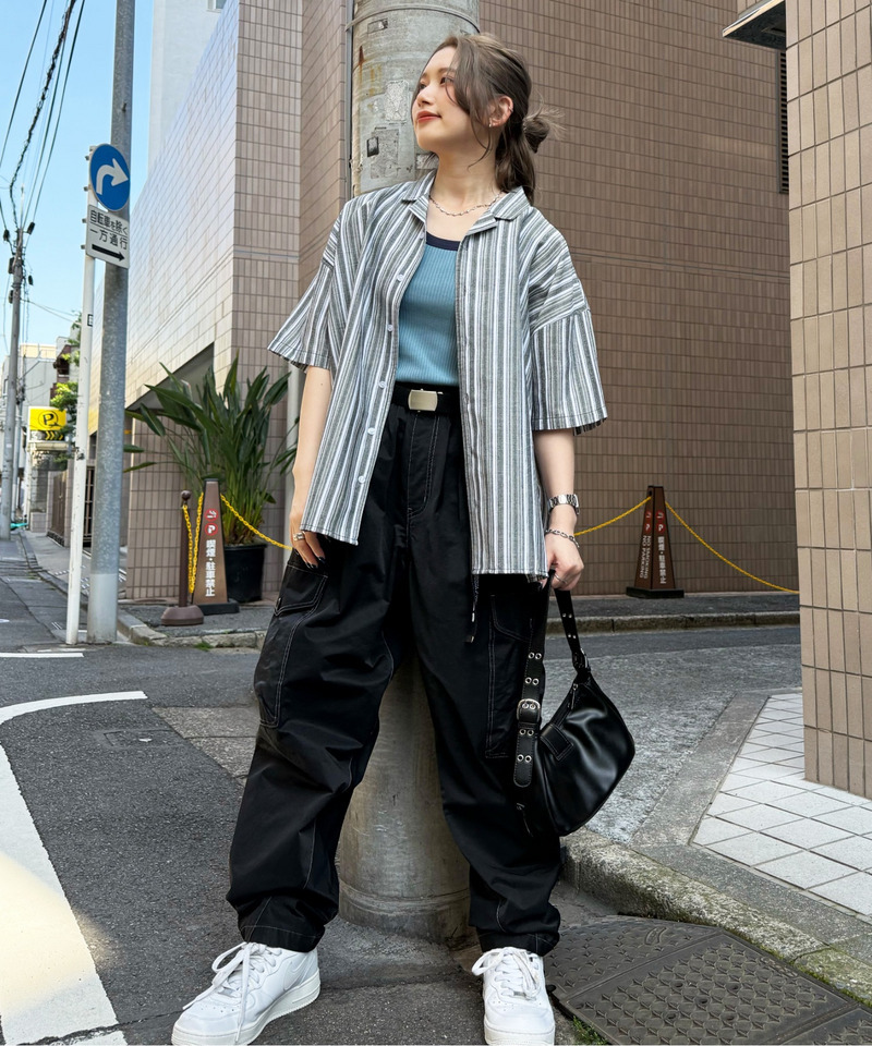 【m:rex】ミニ恐竜ワッペン開襟ストライプ5分袖シャツ 詳細画像 ブラック 3