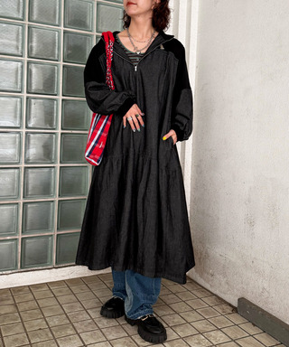 【m:rex】ミニ恐竜ワッペンデニムドッキングワンピース