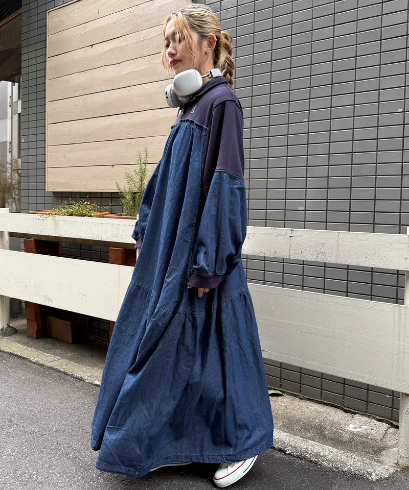 【m:rex】ミニ恐竜ワッペンデニムドッキングワンピース 詳細画像 デニムブルー 2